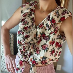 *Vintage* 90s Tie Front Crop Top Ruffle Floral Button Front, size s/xs